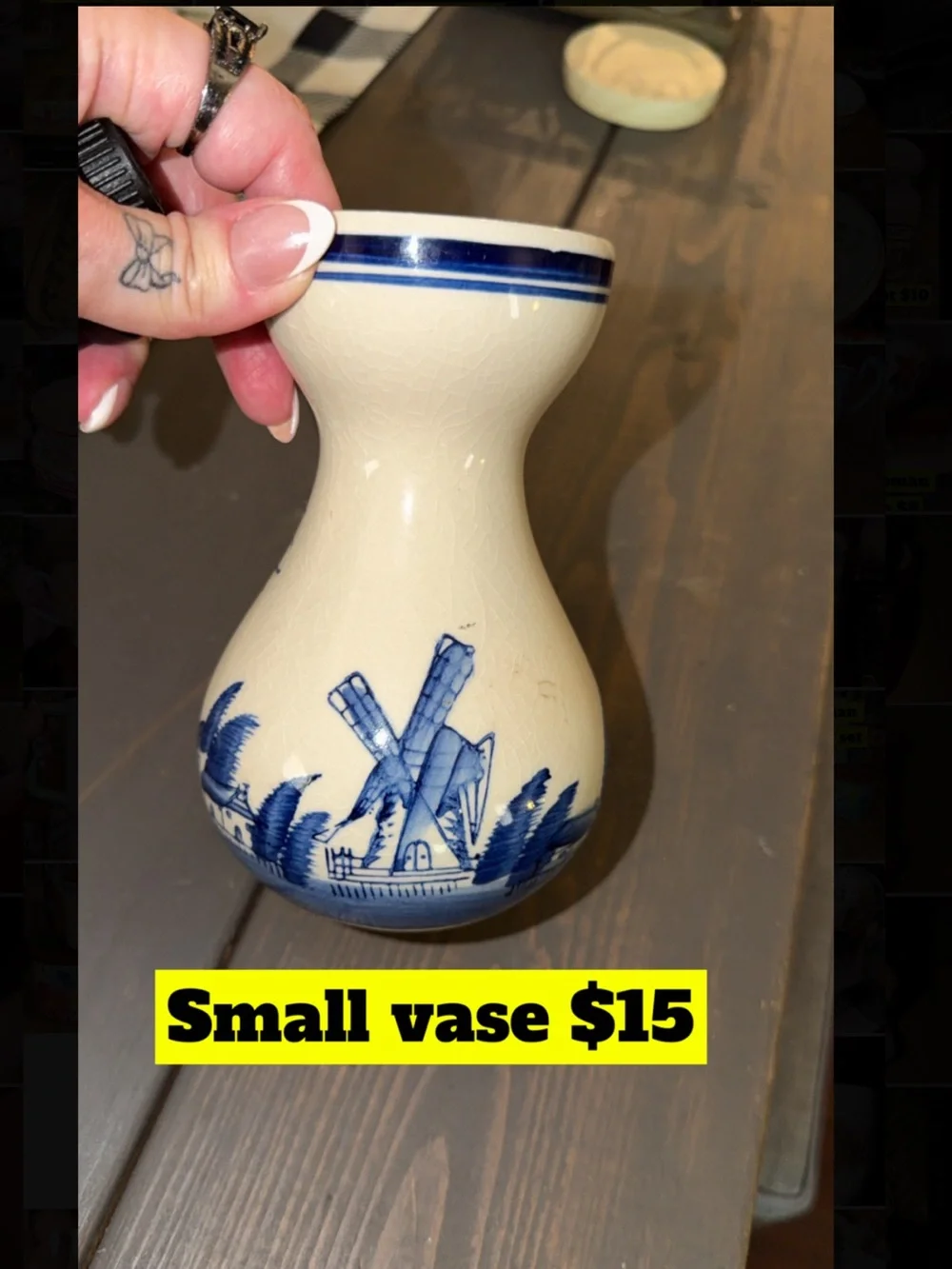 Blue and White Ceramic Vase with Windmill Motif - Unbranded